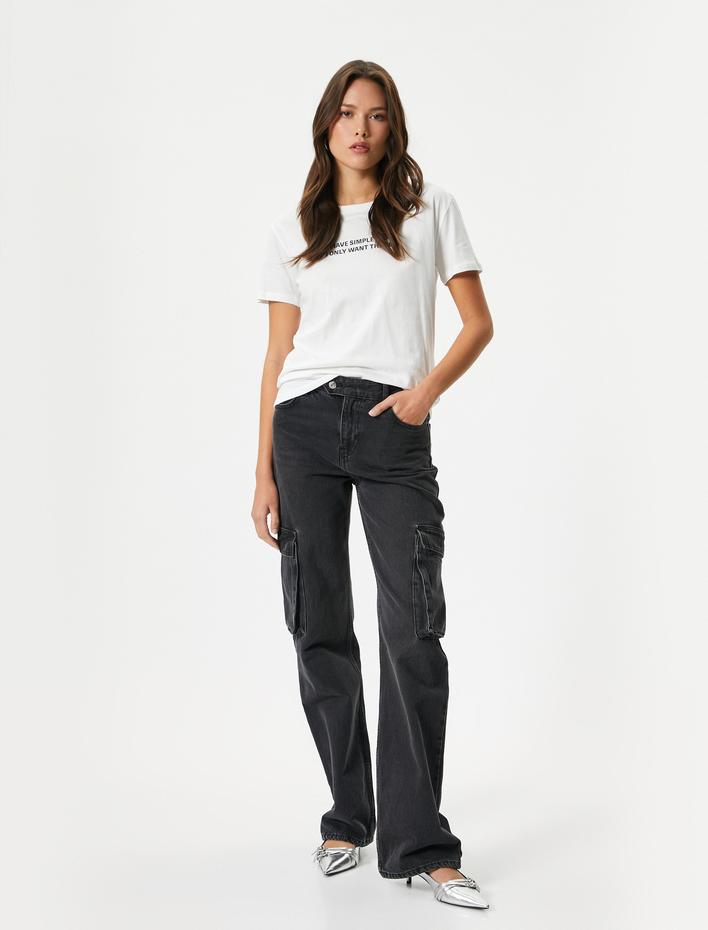  Baskılı Tişört Bisiklet Yaka Kısa Kollu Pamuklu