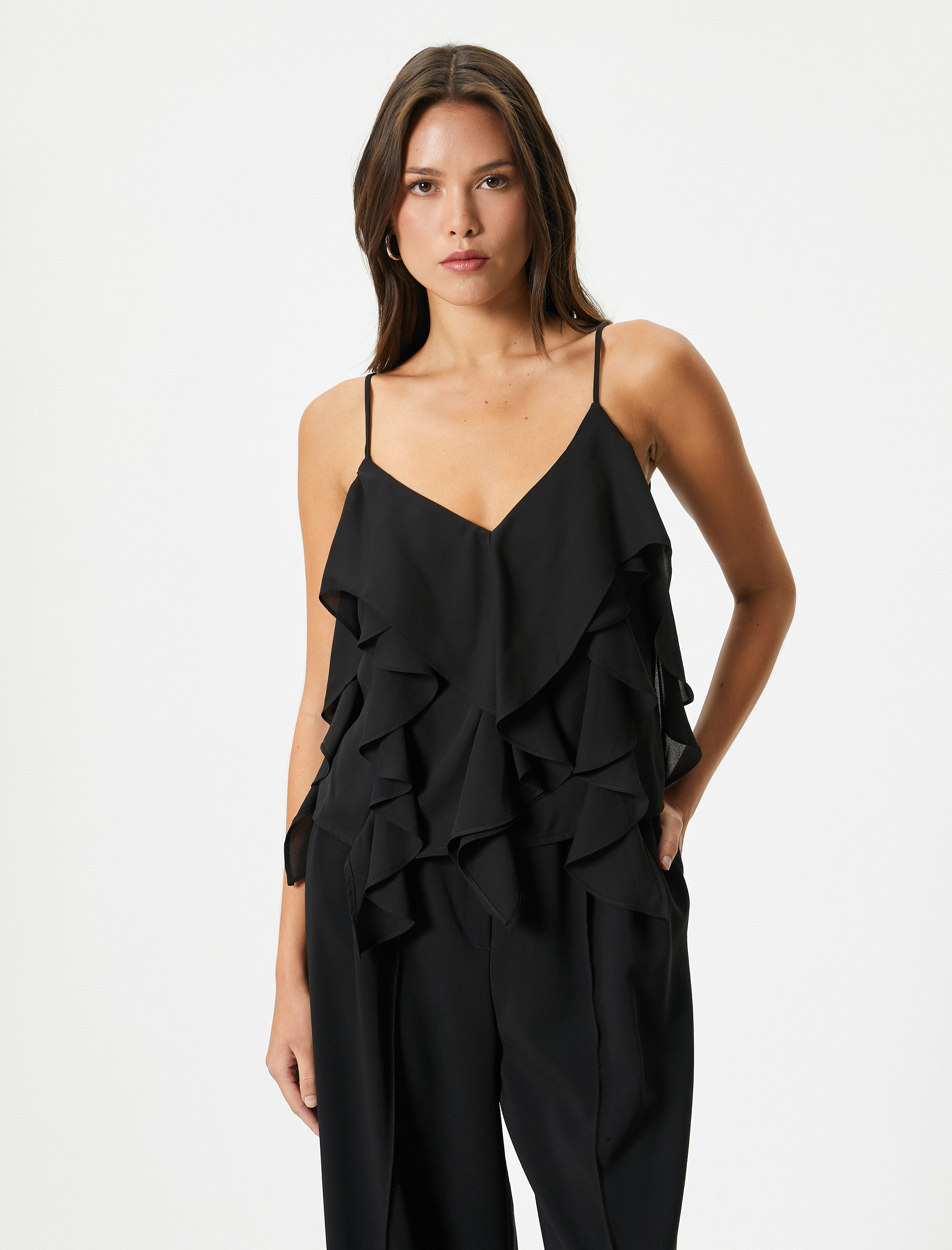   Fırfırlı Bluz İnce Askılı V Yaka