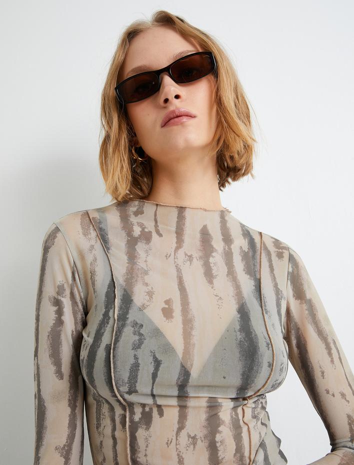  Tül Transparan Tişört Batik Desenli Uzun Kollu Dik Yaka