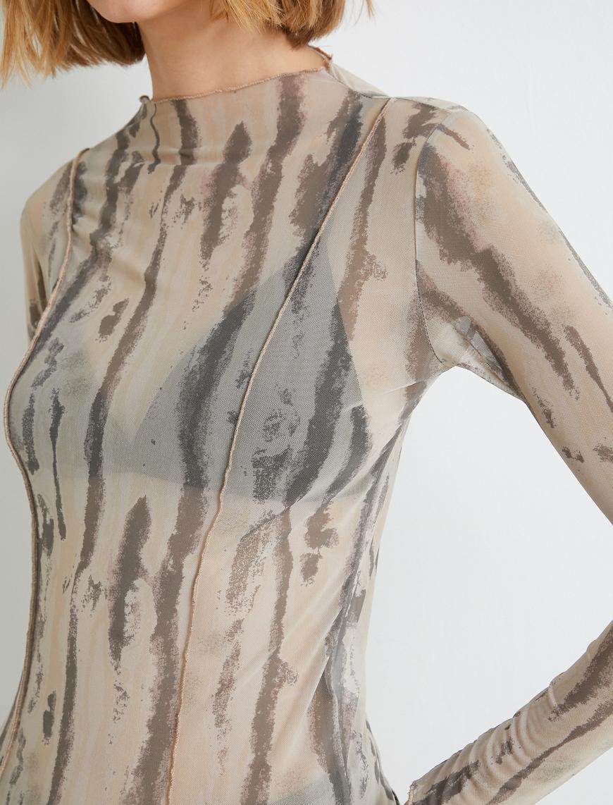   Tül Transparan Tişört Batik Desenli Uzun Kollu Dik Yaka