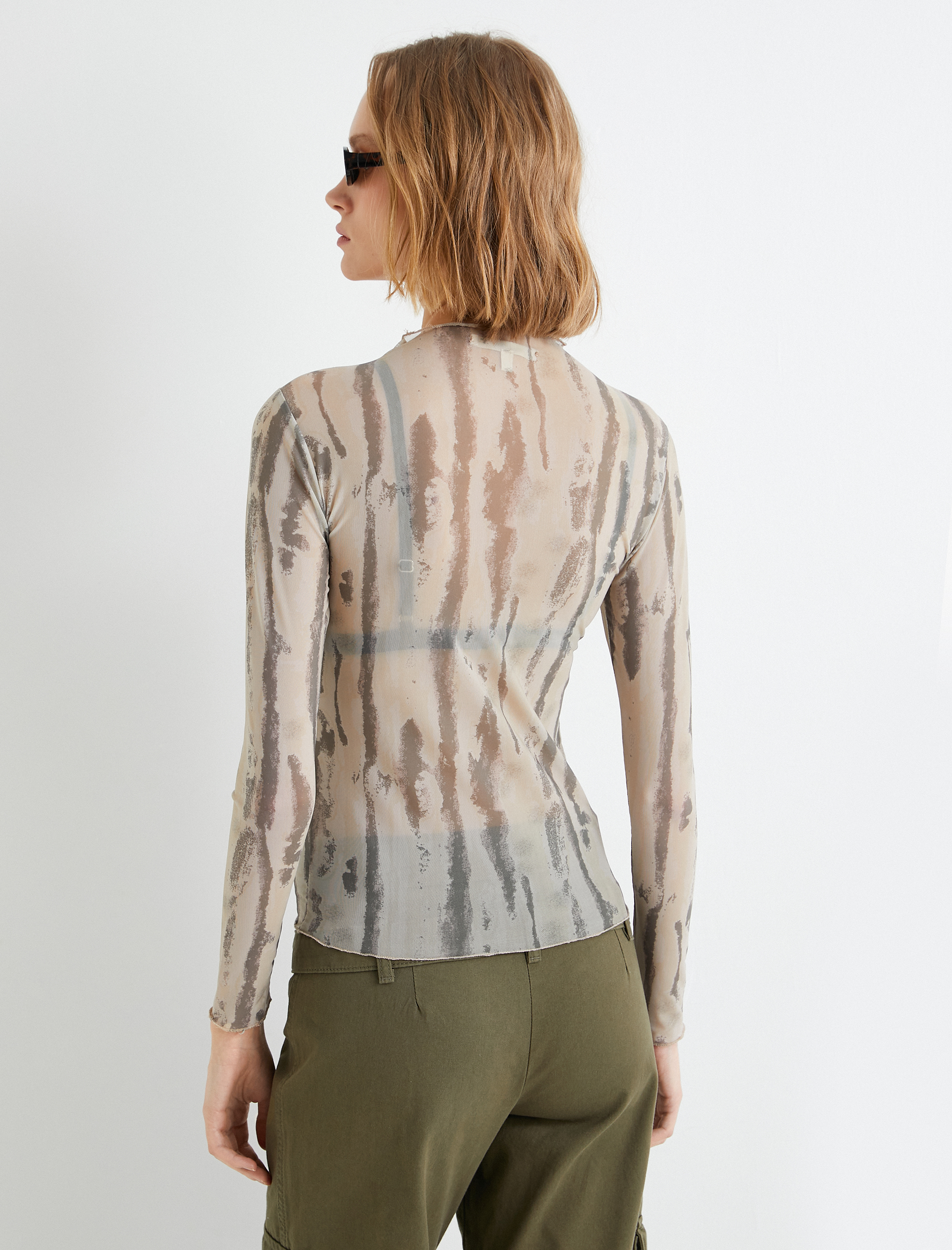   Tül Transparan Tişört Batik Desenli Uzun Kollu Dik Yaka