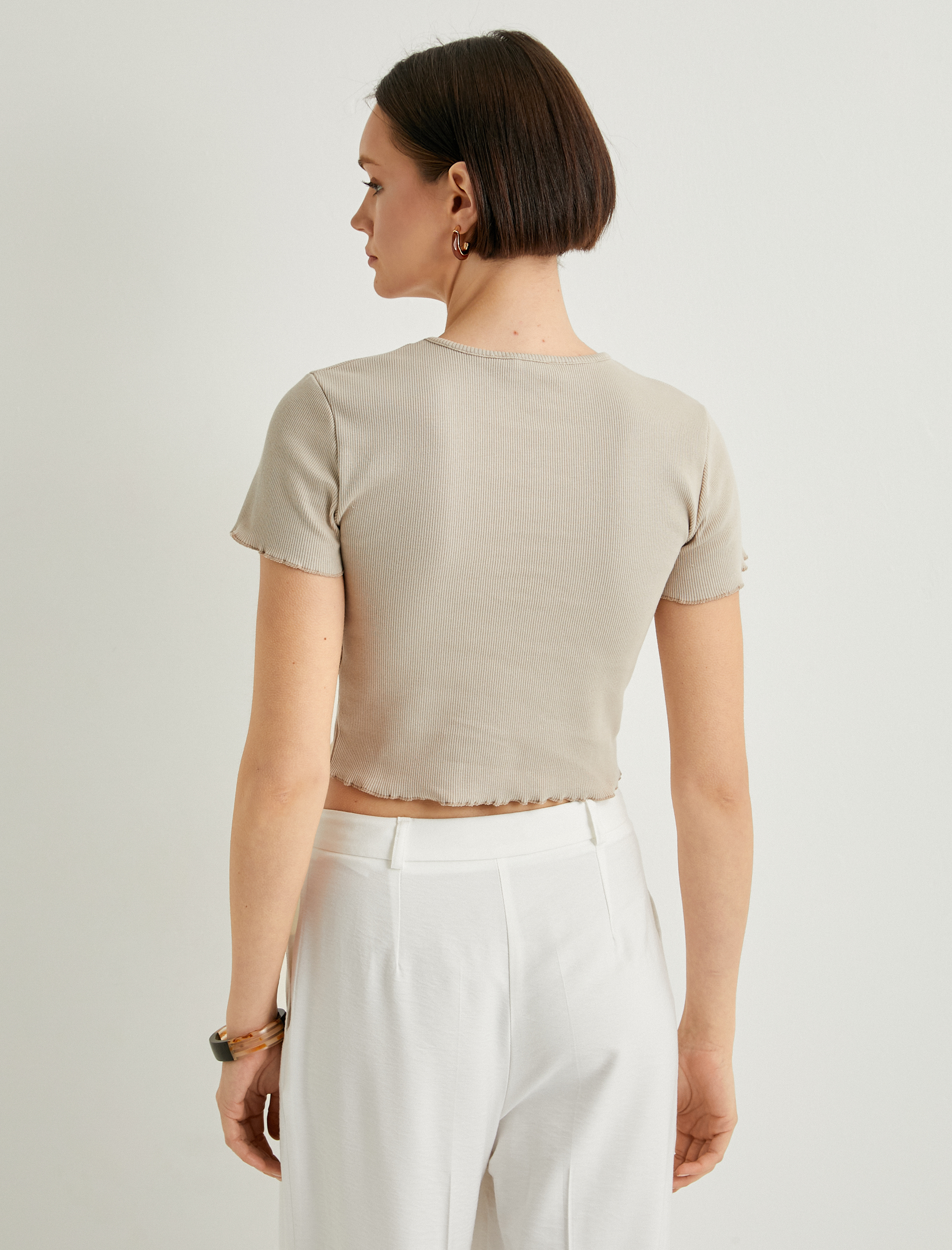   Crop Tişört Kısa Kollu Fitilli Bisiklet Yaka Pamuklu