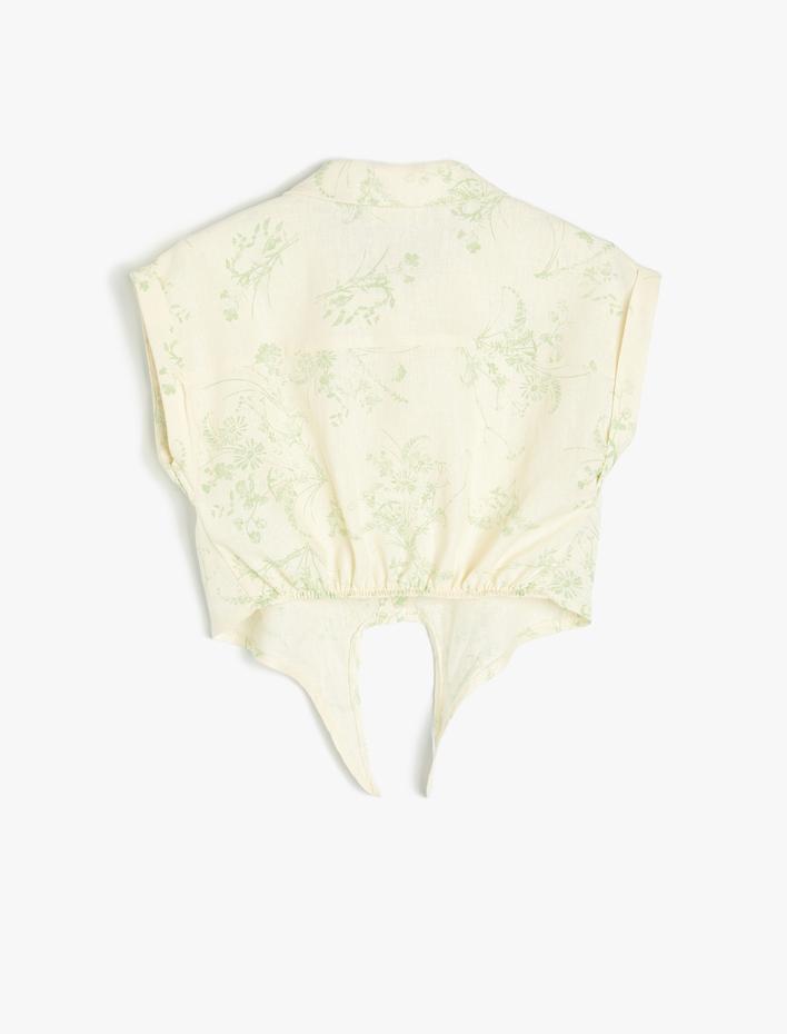 Kız Çocuk Gömlek Kısa Kollu Önü Bağlamalı Cepli Keten Karışımlı