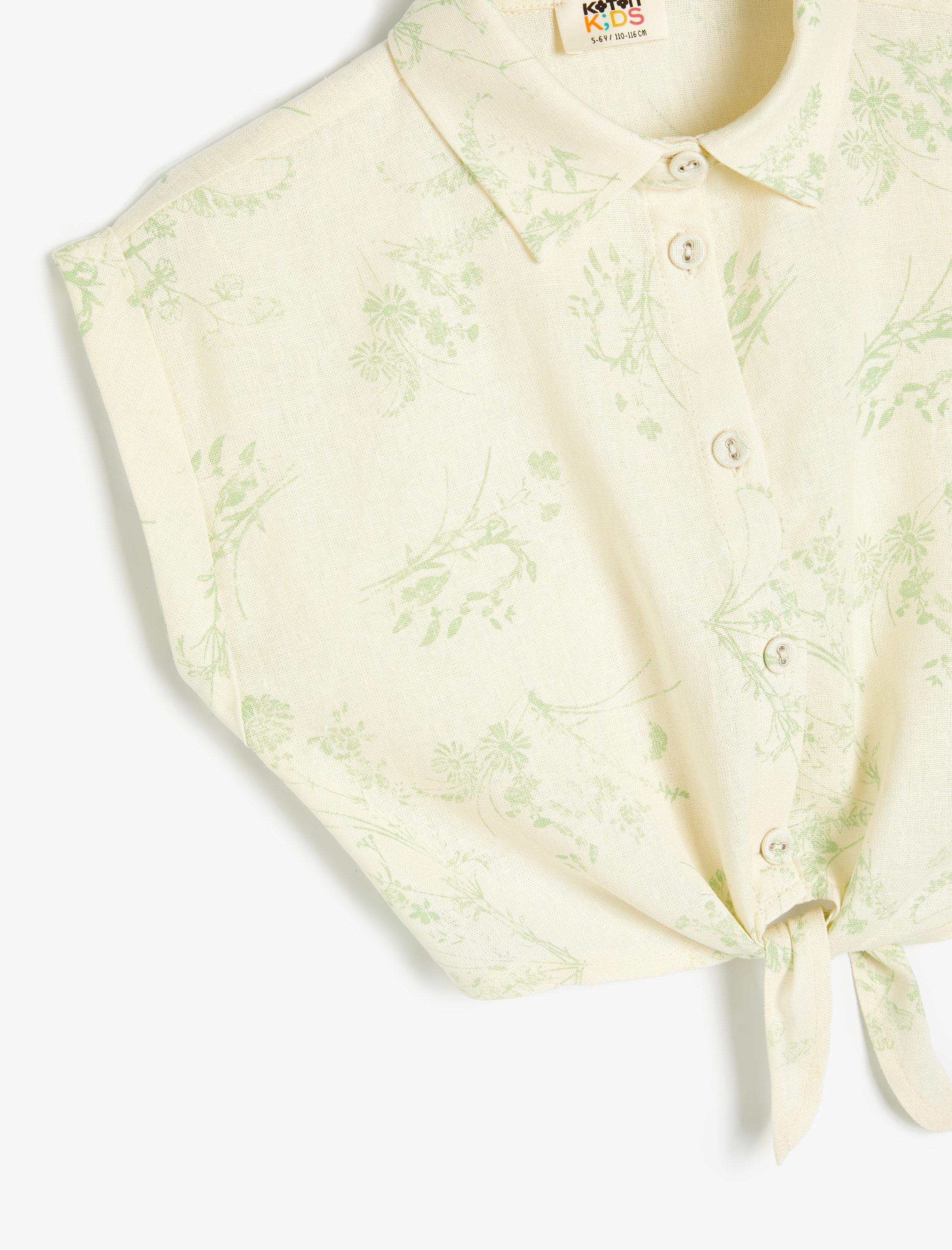  Kız Çocuk Gömlek Kısa Kollu Önü Bağlamalı Cepli Keten Karışımlı