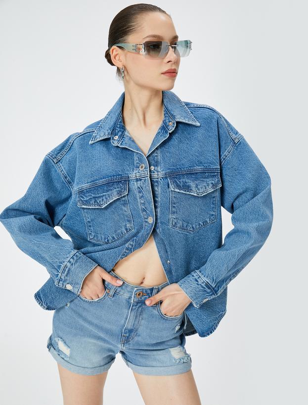 Mini Kot Şort Yüksek Bel Skinny Fit Yıpratılmış Cepli_1