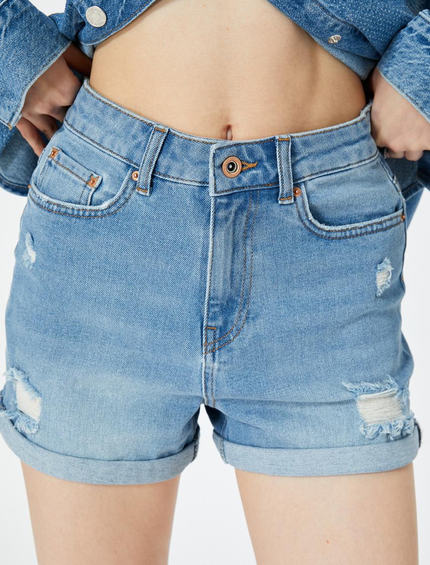   Mini Kot Şort Yüksek Bel Skinny Fit Yıpratılmış Cepli