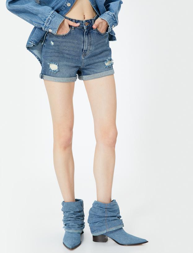 Mini Kot Şort Yüksek Bel Skinny Fit Yıpratılmış Cepli_2