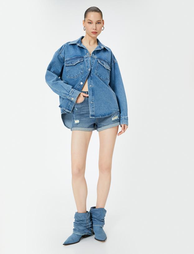 Mini Kot Şort Yüksek Bel Skinny Fit Yıpratılmış Cepli_0