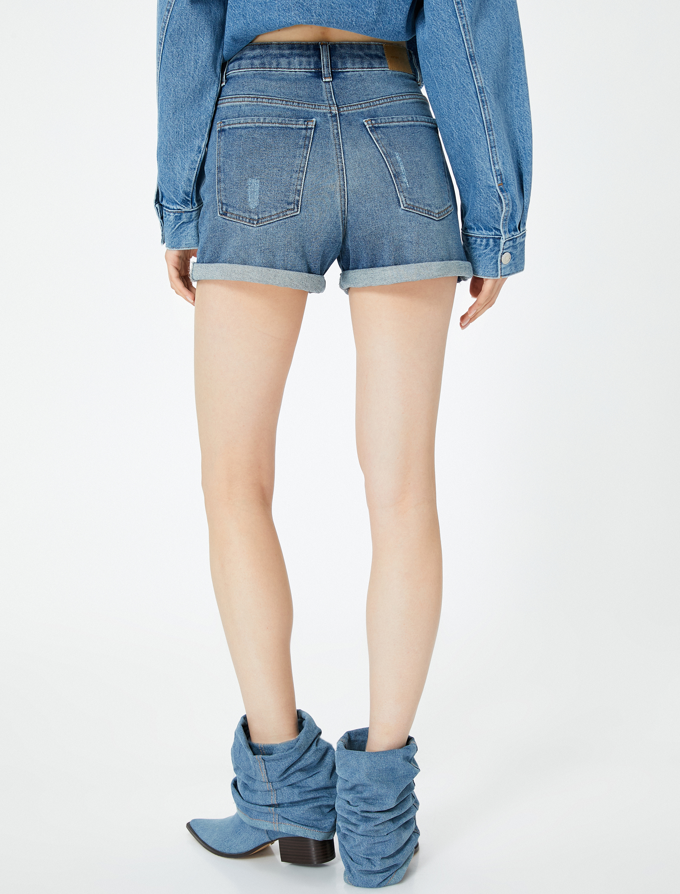 Mini Kot Şort Yüksek Bel Skinny Fit Yıpratılmış Cepli