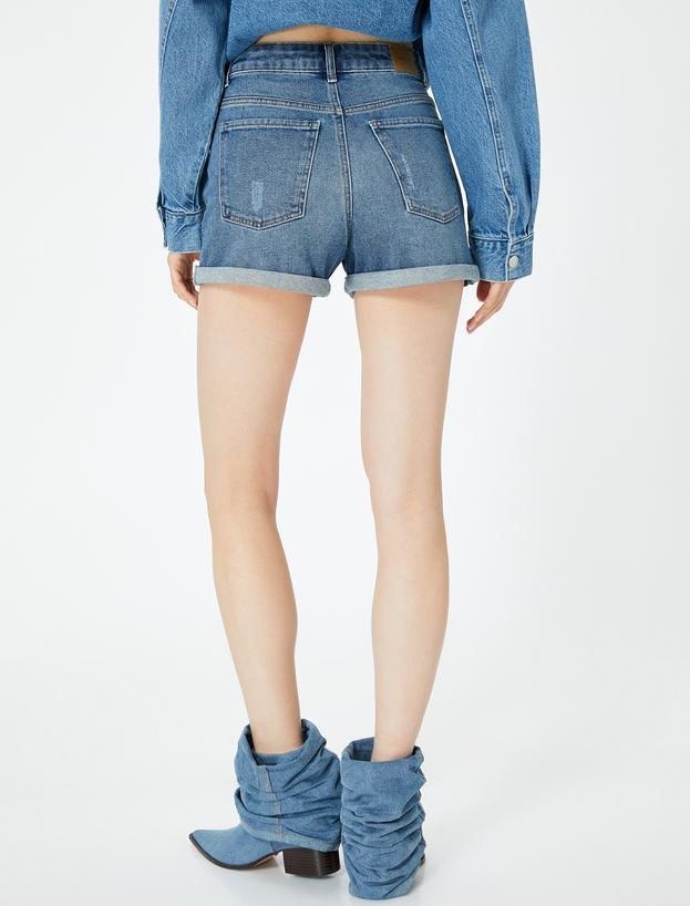 Mini Kot Şort Yüksek Bel Skinny Fit Yıpratılmış Cepli_3