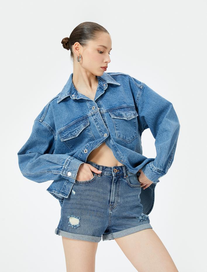  Mini Kot Şort Yüksek Bel Skinny Fit Yıpratılmış Cepli