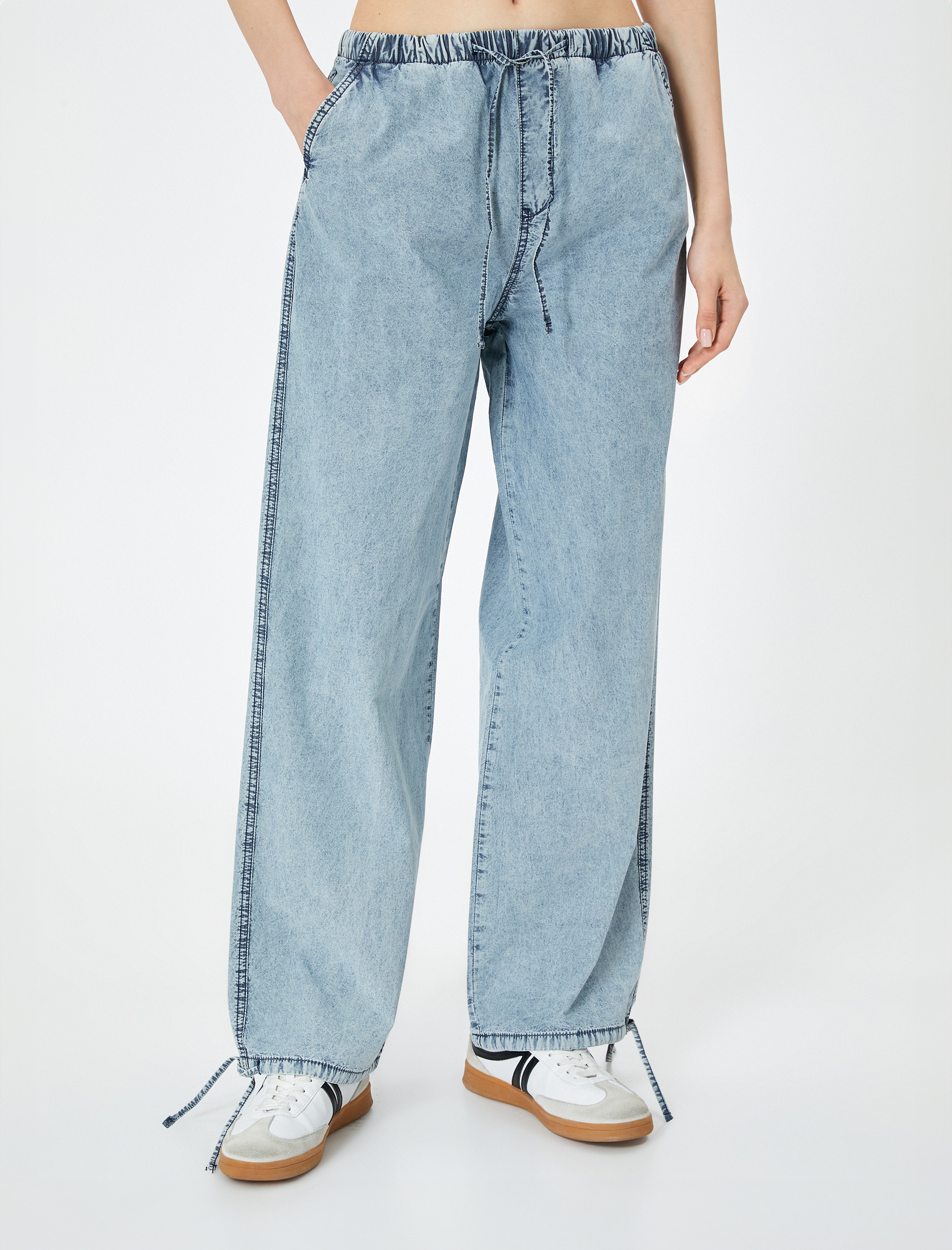   Oversize Paraşüt Denim Pantolon Standart Bel Beli Bağlamalı Cepli - Parachute Jean