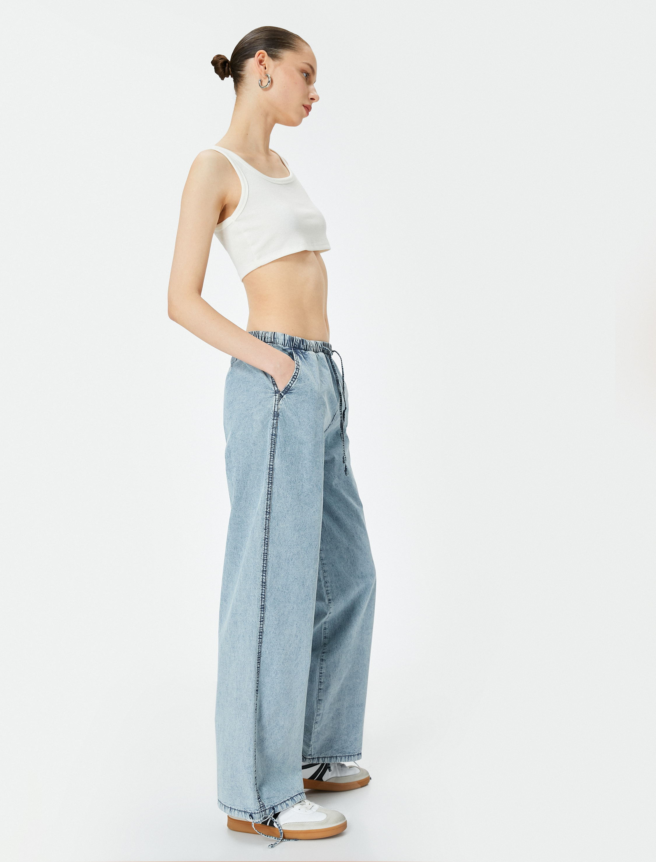   Oversize Paraşüt Denim Pantolon Standart Bel Beli Bağlamalı Cepli - Parachute Jean