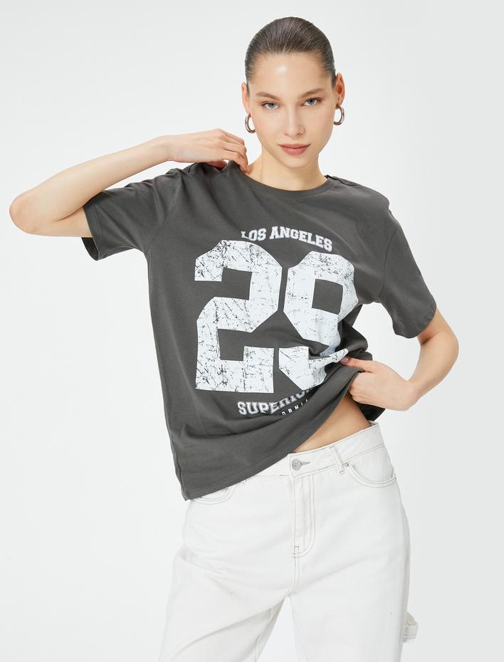  Baskılı Tişört Bisiklet Yaka Kısa Kollu Pamuklu