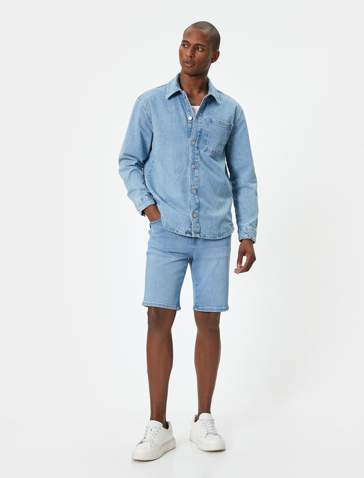  Kot Şort Bermuda Slim Fit Düğmeli Cep Detaylı