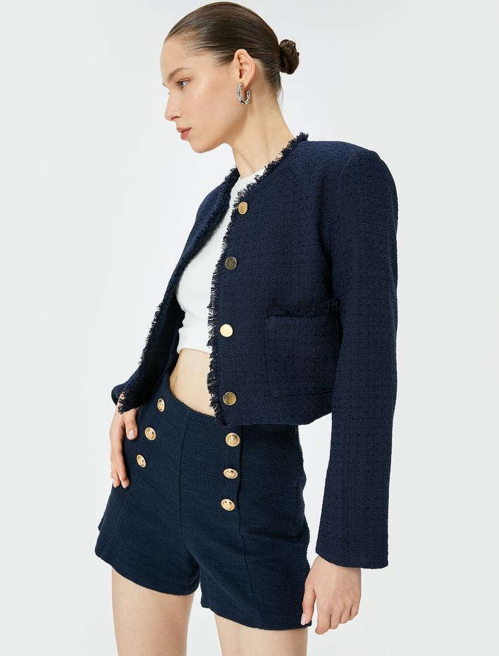  Crop Tüvit Ceket Gold Düğmeli Yuvarlak Yaka Cepli