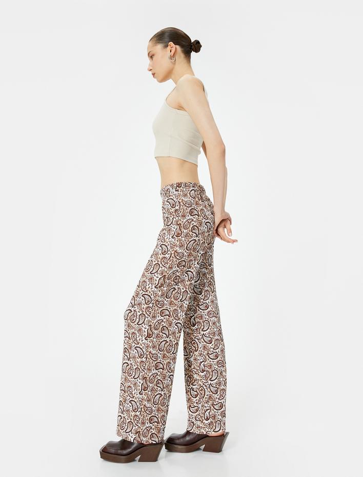  Bol Paça Pantolon Yüksek Bel Etnik Desenli Rahat Kalıp Beli Lastikli Bürümcük