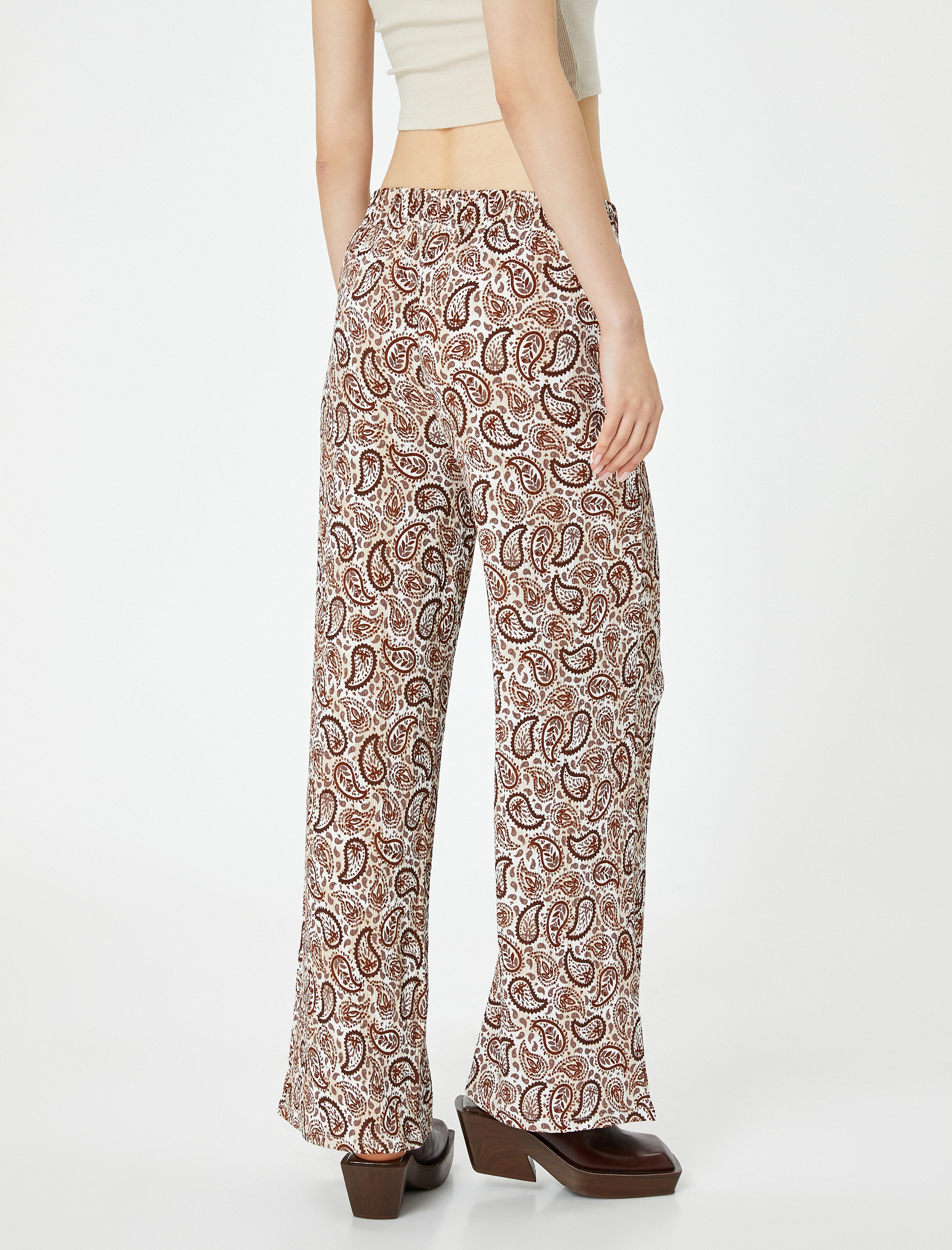   Bol Paça Pantolon Yüksek Bel Etnik Desenli Rahat Kalıp Beli Lastikli Bürümcük