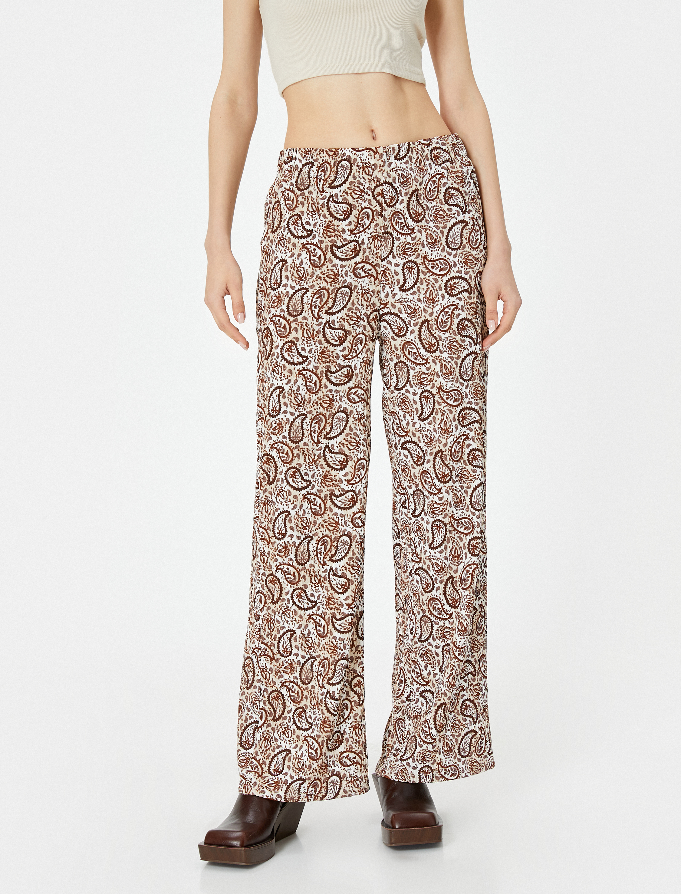   Bol Paça Pantolon Yüksek Bel Etnik Desenli Rahat Kalıp Beli Lastikli Bürümcük