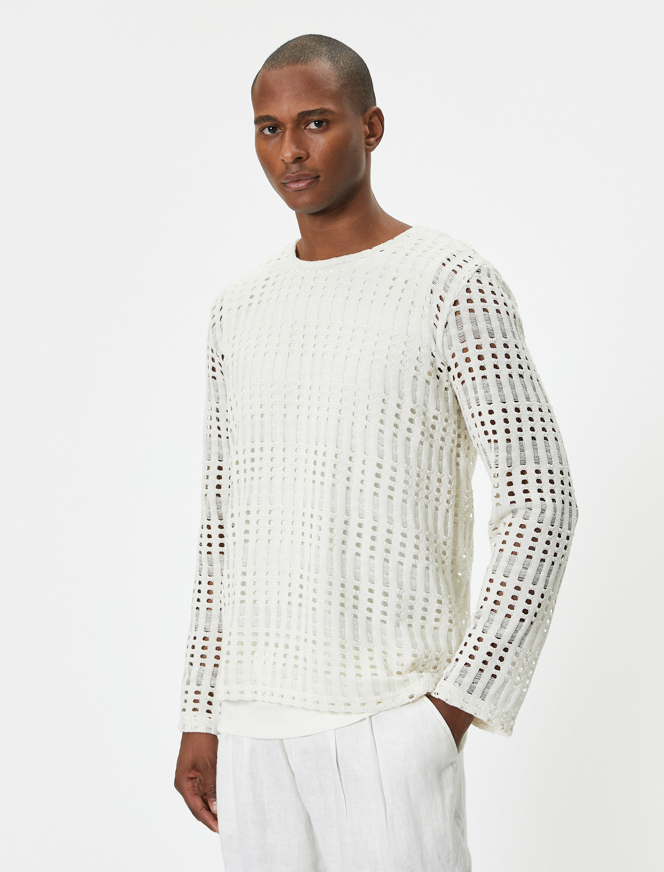   Ajurlu Kazak Bisiklet Yaka Düşük Omuzlu Uzun Kollu