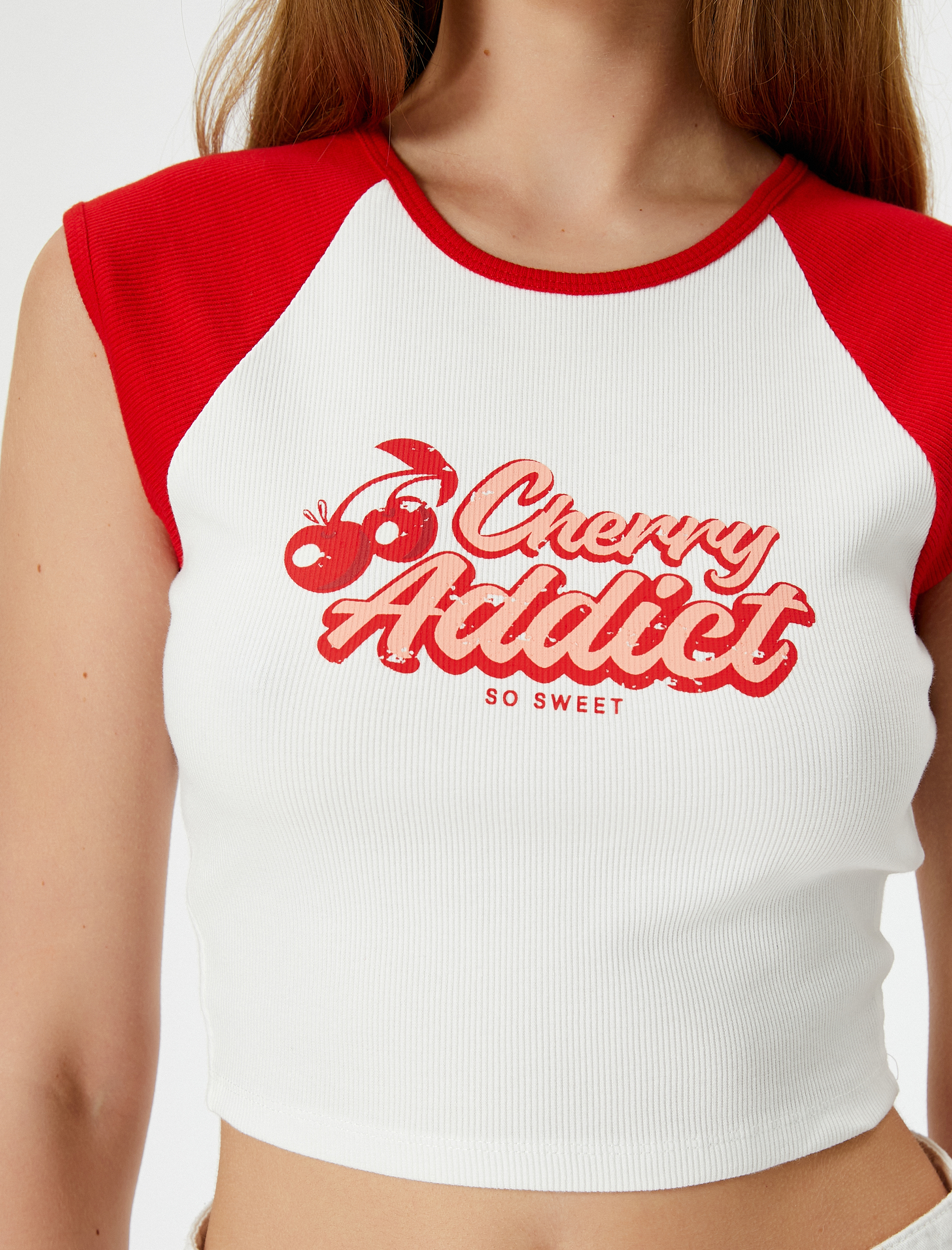   Kiraz Baskılı Crop Tişört Renk Bloklu Kolsuz Bisiklet Yaka