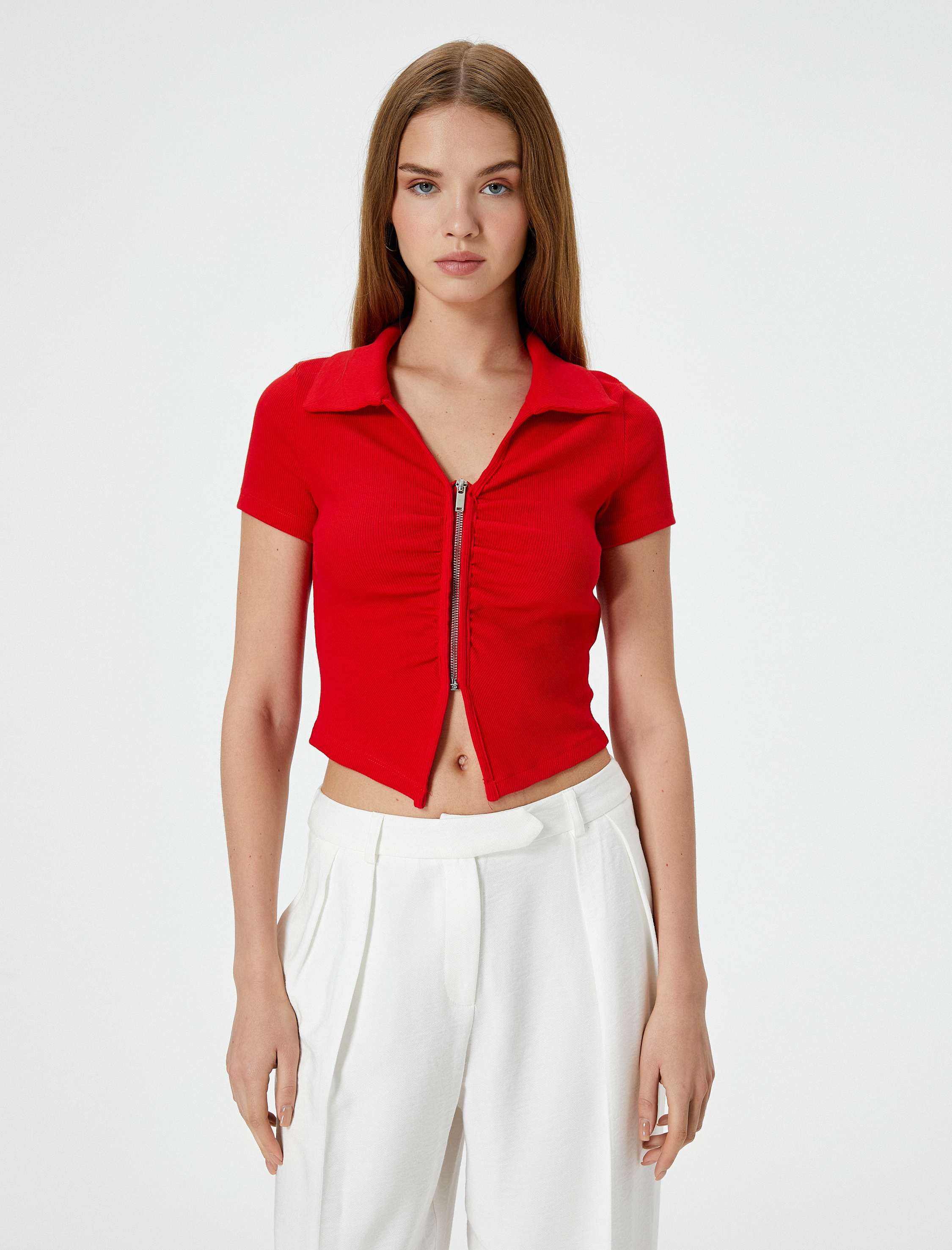   Fermuarlı Polo Tişört Kısa Kollu Slim Fit Pamuklu Ribanalı