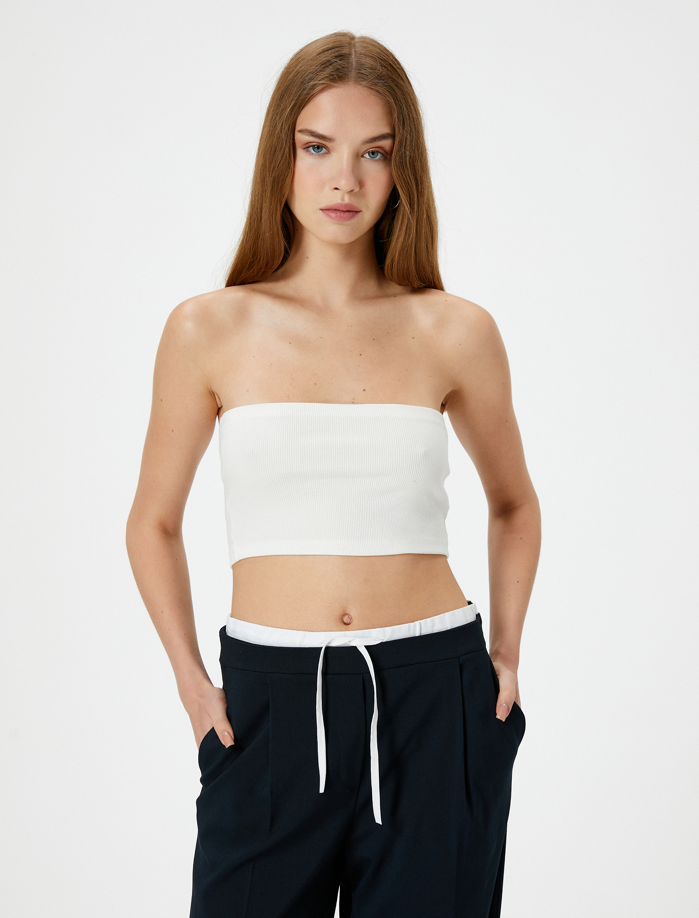   Crop Straplez Üst Ribanalı Pamuklu