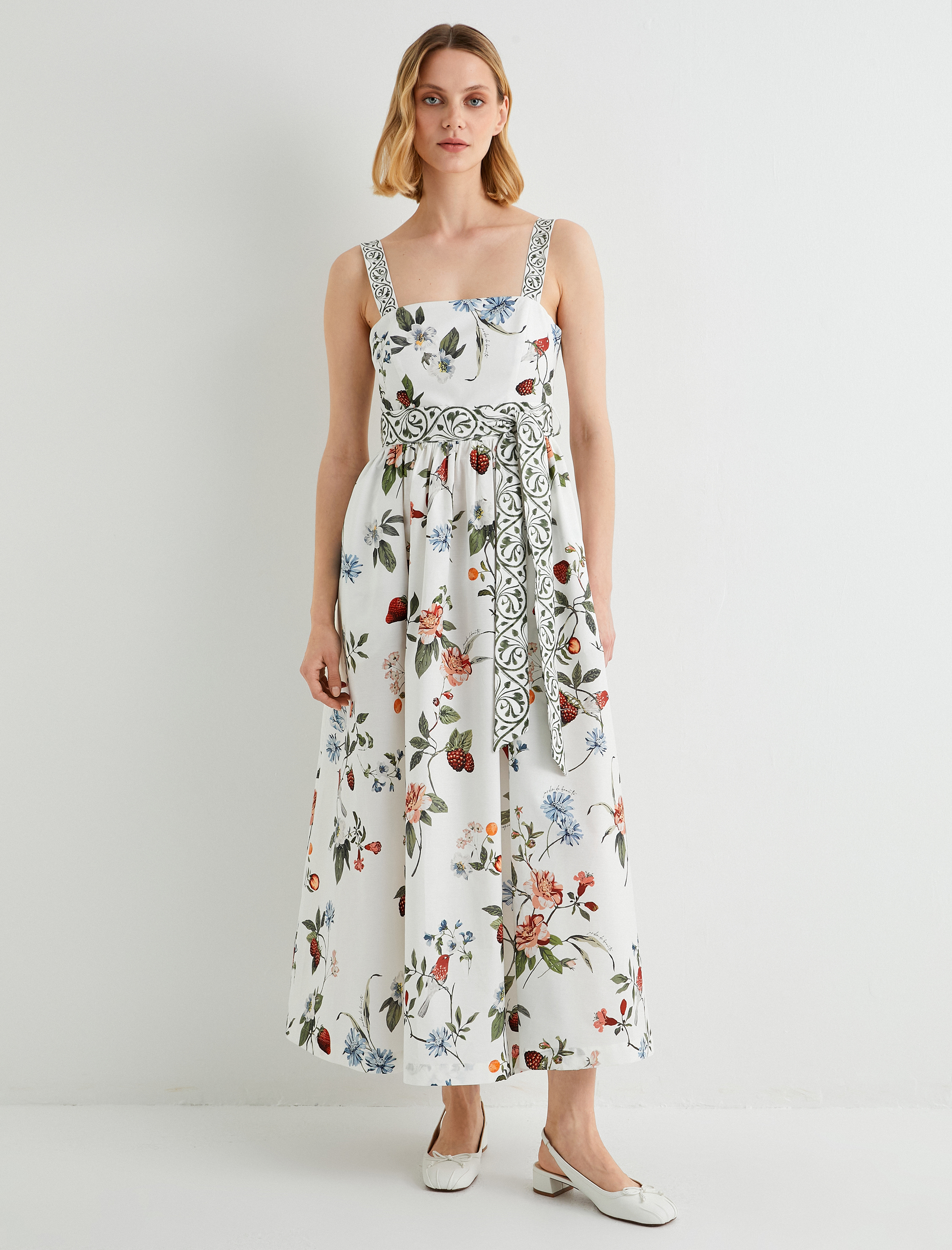   Askılı Midi Meyve Baskılı Çiçekli Elbise