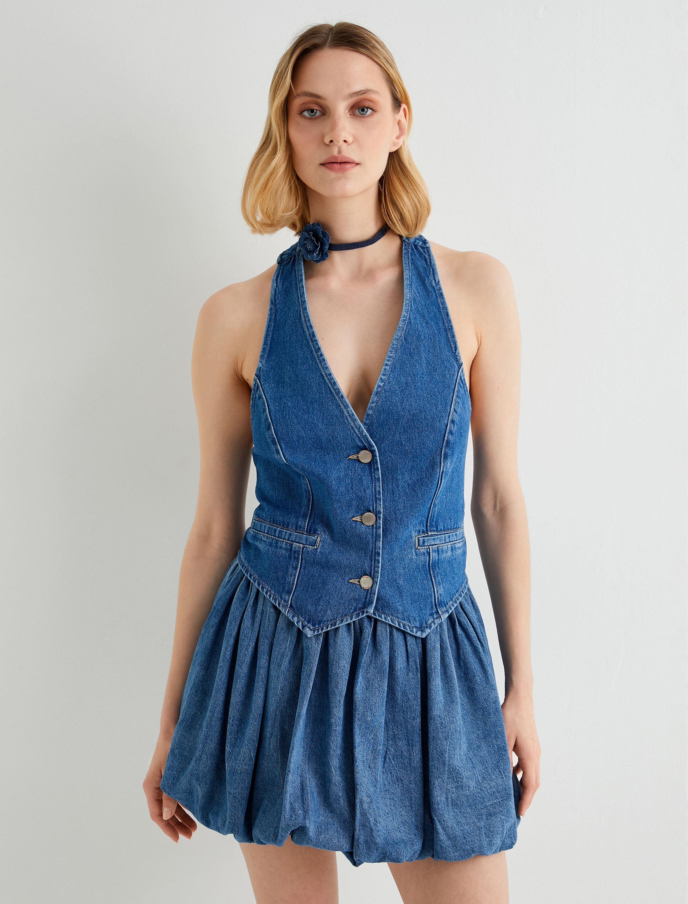   Halter Yaka Kot Yelek Düğmeli