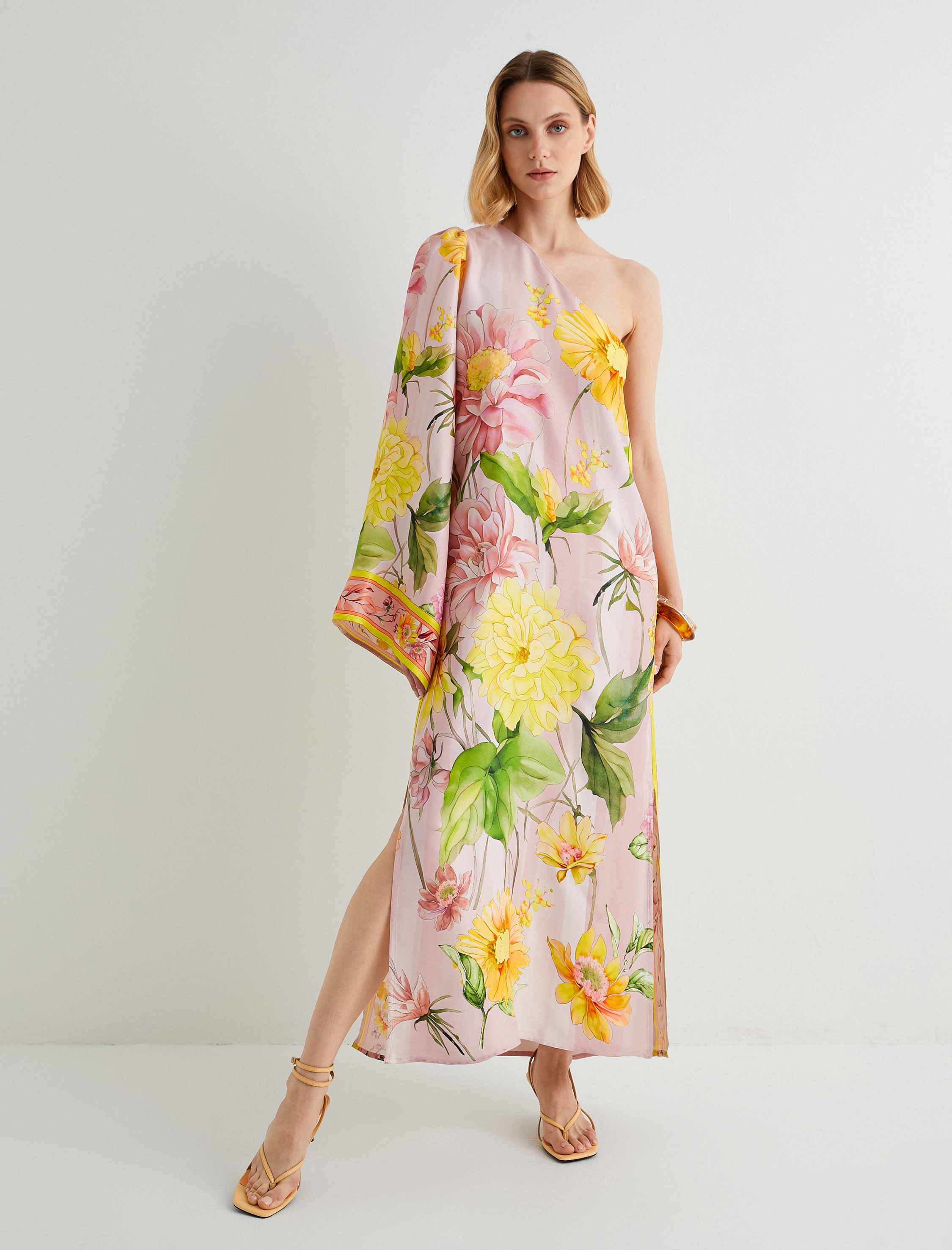   Tek Omuz Çiçekli Elbise Viskon Yırtmaçlı