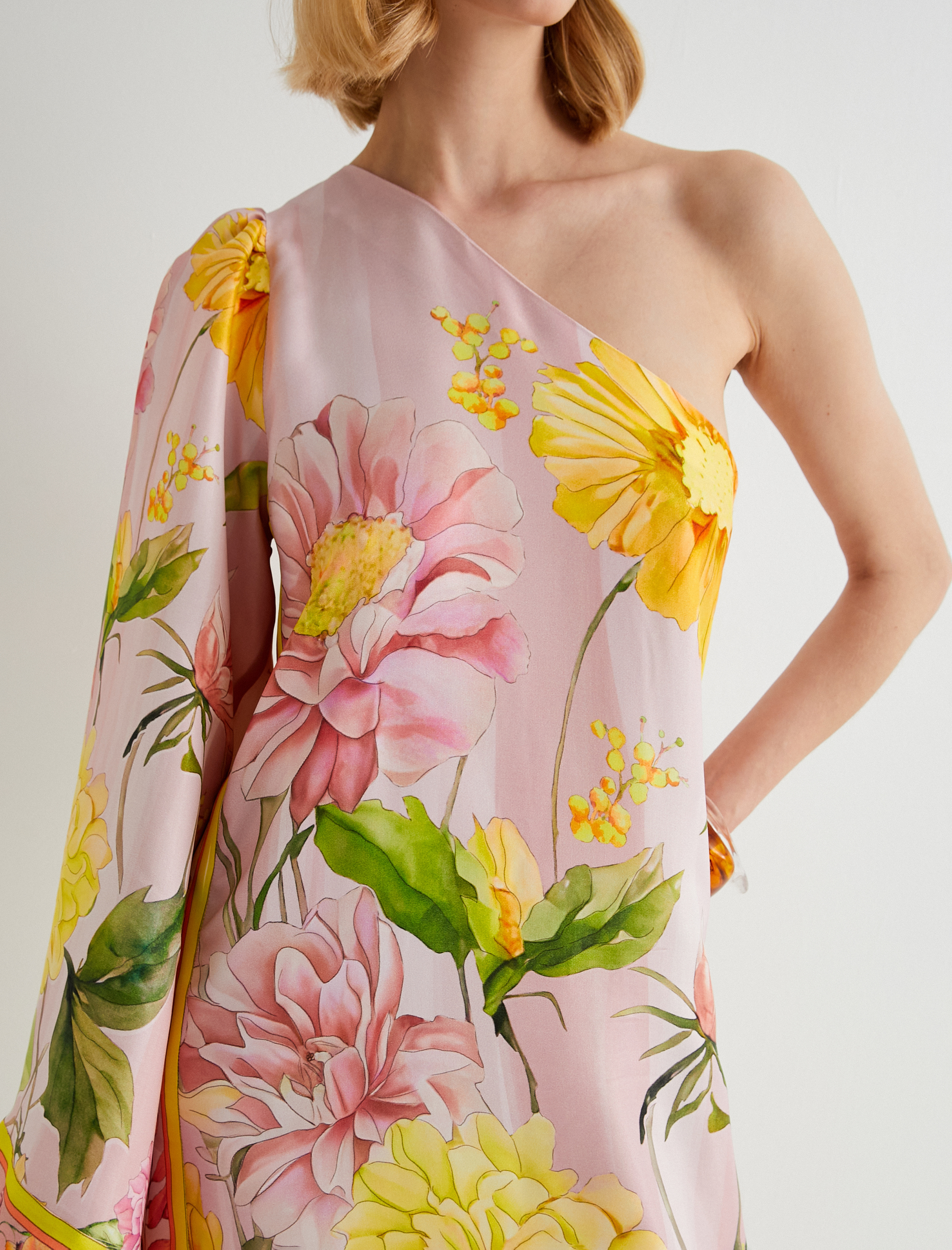   Tek Omuz Çiçekli Elbise Viskon Yırtmaçlı