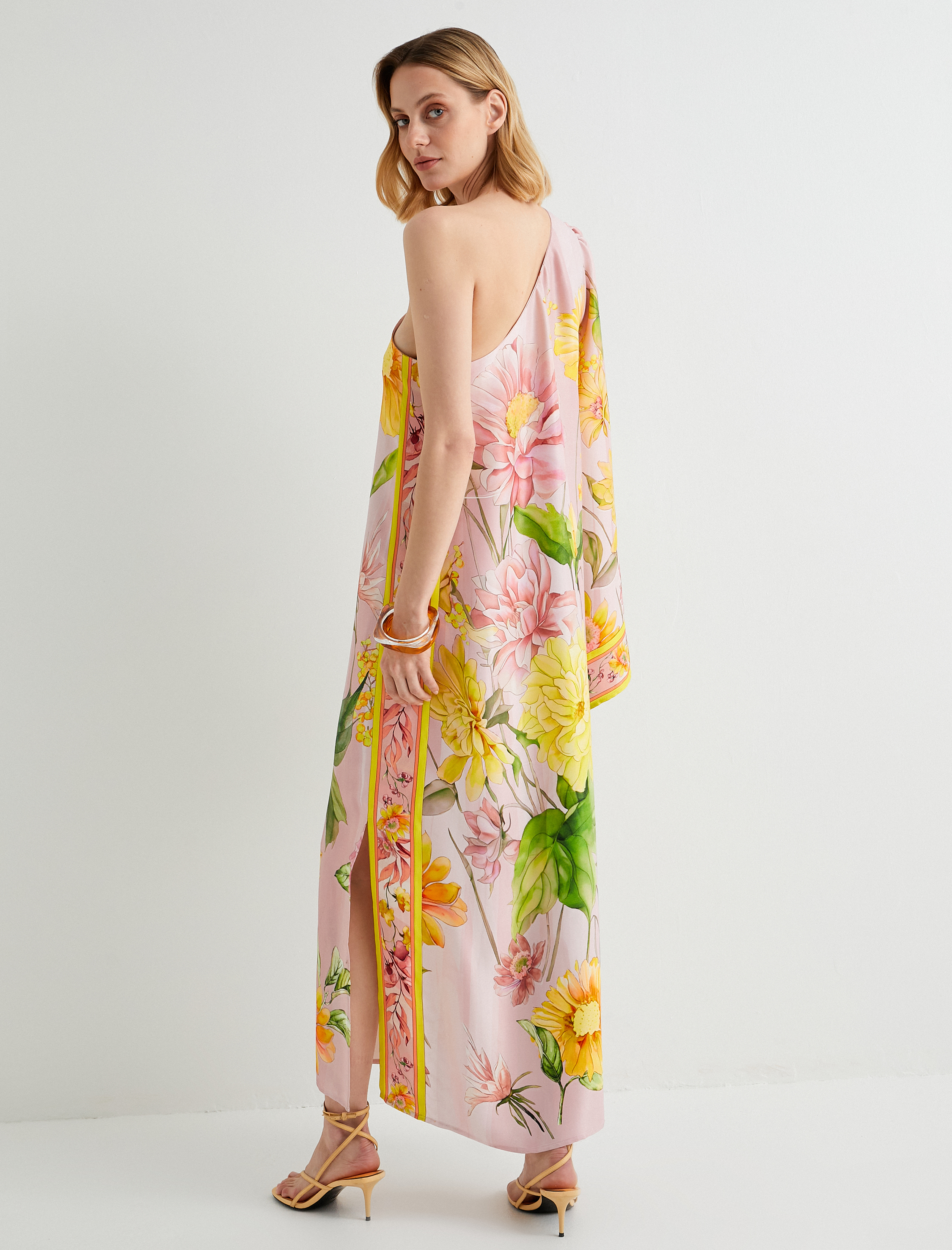   Tek Omuz Çiçekli Elbise Viskon Yırtmaçlı