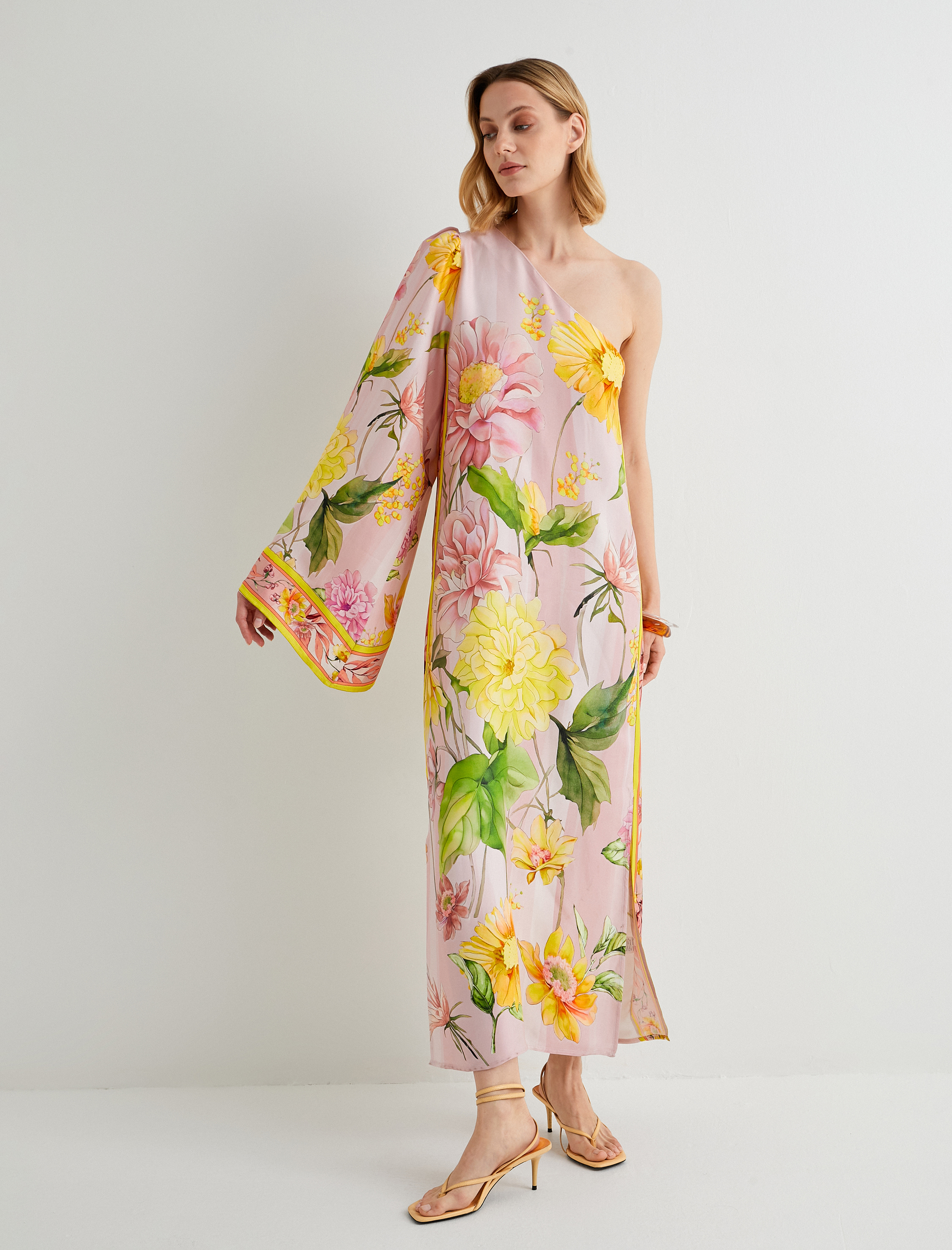   Tek Omuz Çiçekli Elbise Viskon Yırtmaçlı