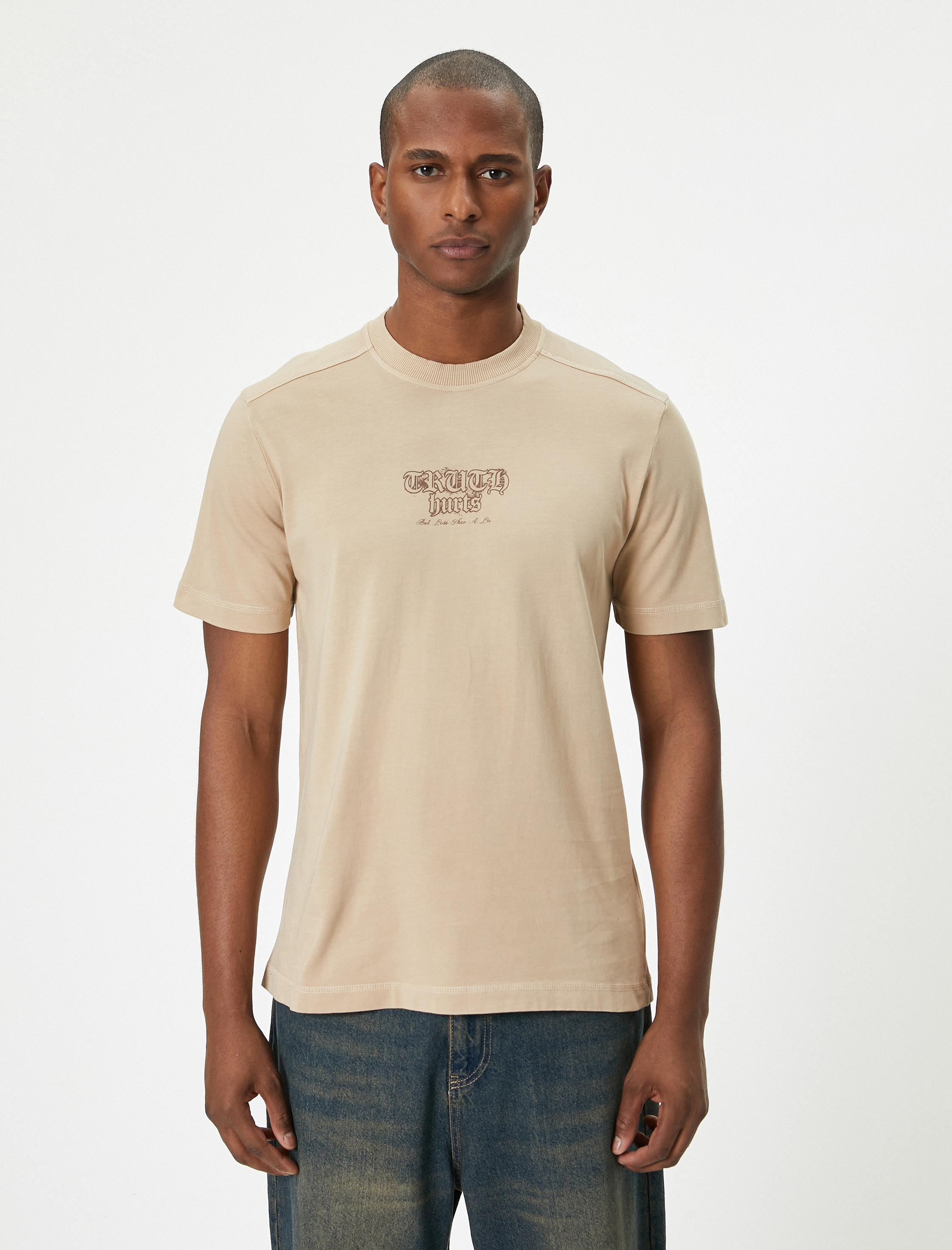   Slogan Baskılı Tişört Bisiklet Yaka Kısa Kollu Pamuklu