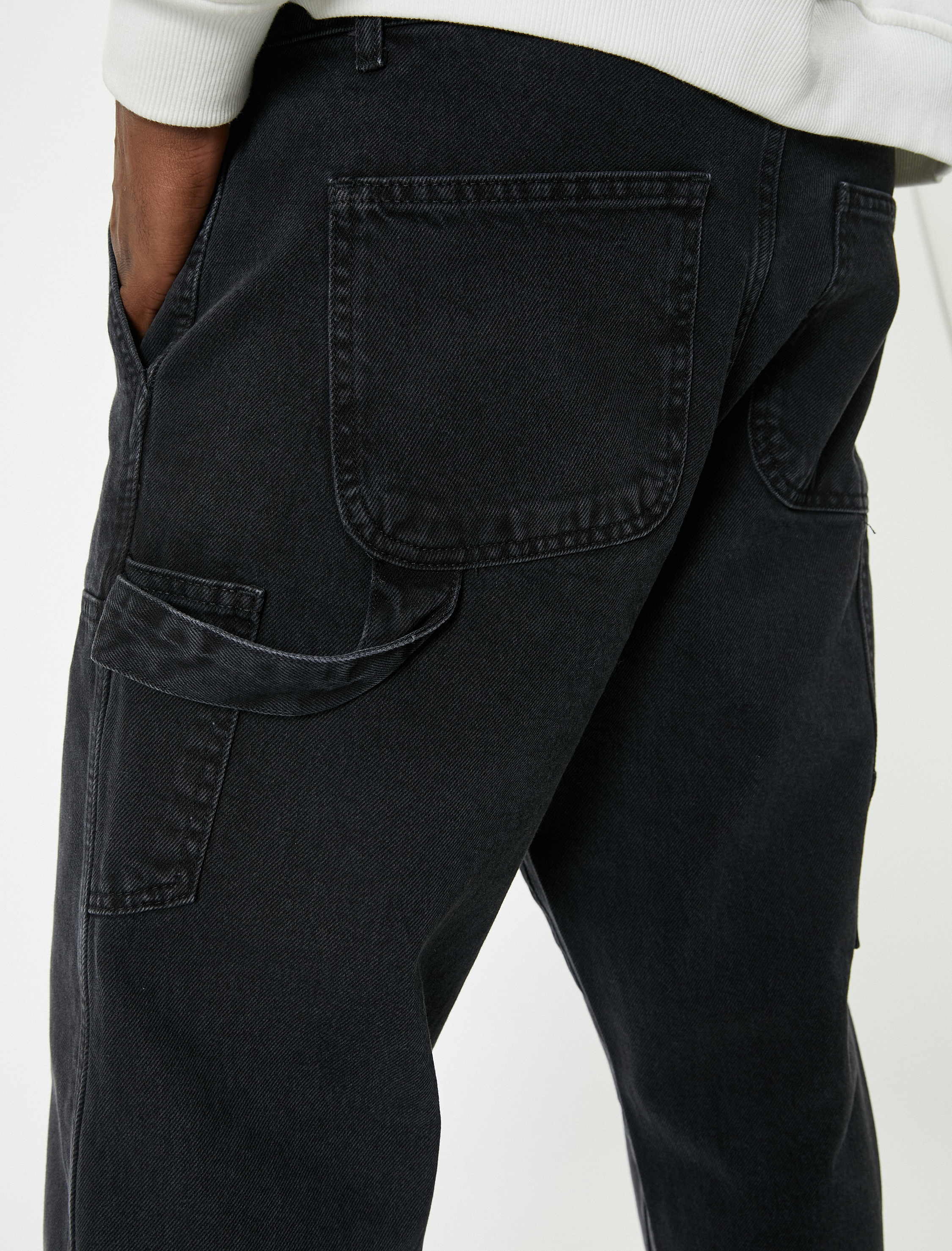   Cep Detaylı Düğmeli Standart Bel Bol Kot Pantolon