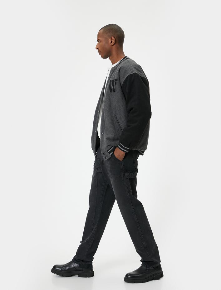  Cep Detaylı Düğmeli Standart Bel Bol Kot Pantolon