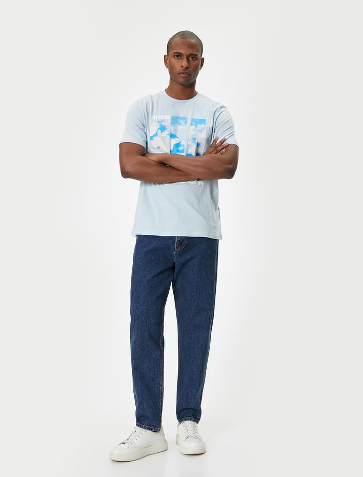  Slogan Baskılı Tişört Bisiklet Yaka Kısa Kollu Pamuklu