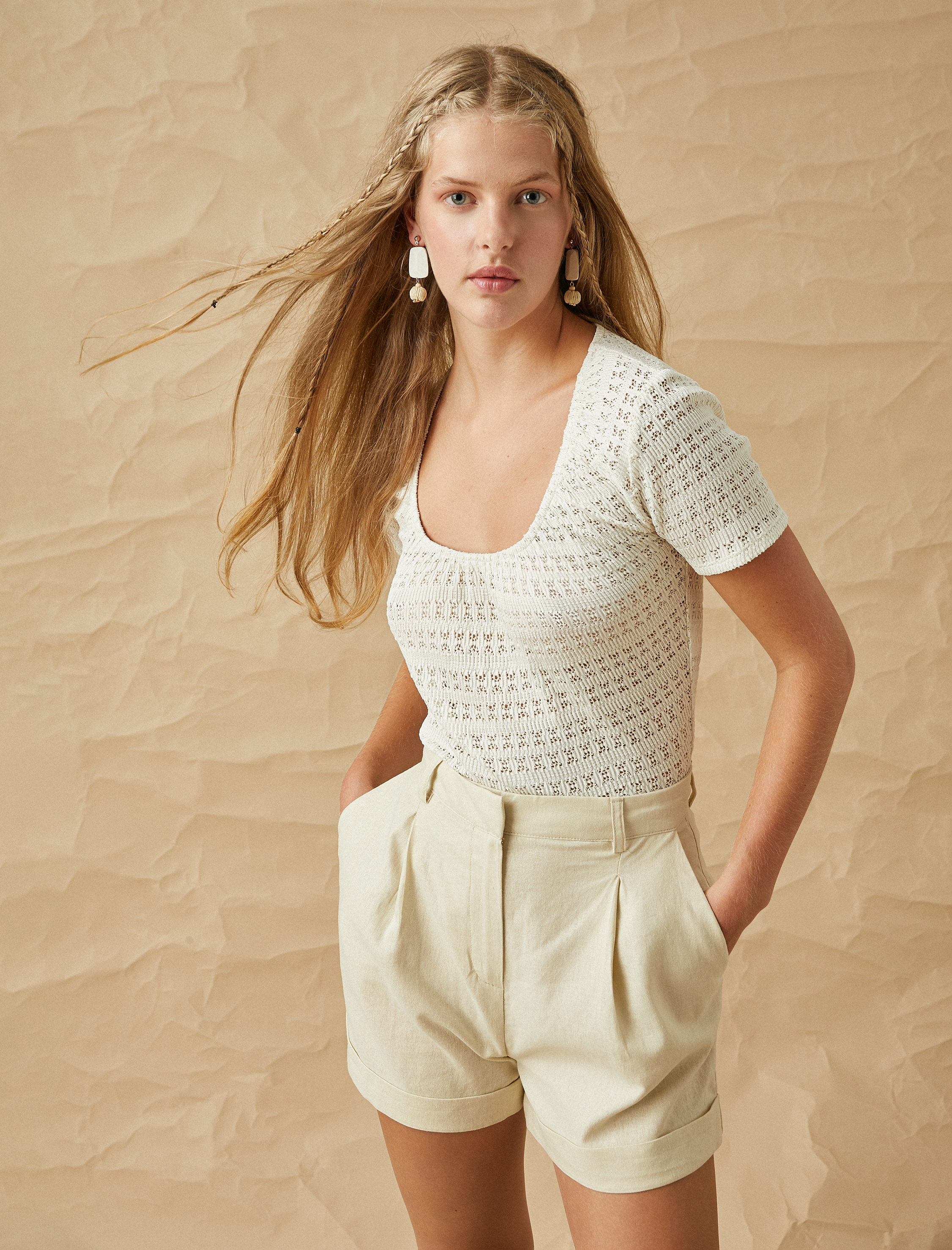 Crop Tişört U Yaka Kısa Kollu Örgü