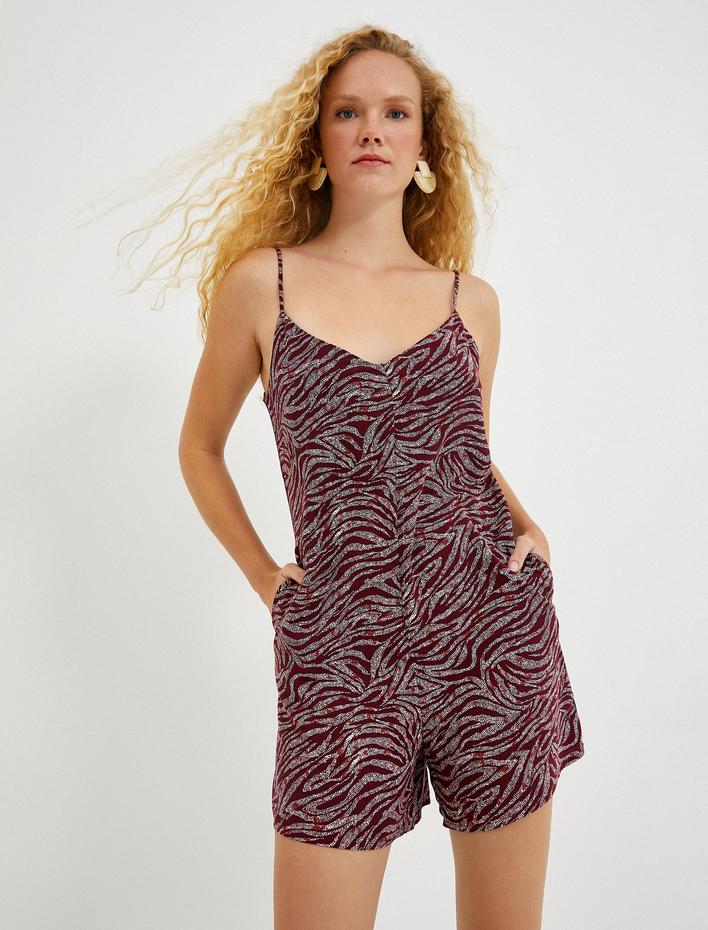  Şortlu Tulum Zebra Desenli V Yaka