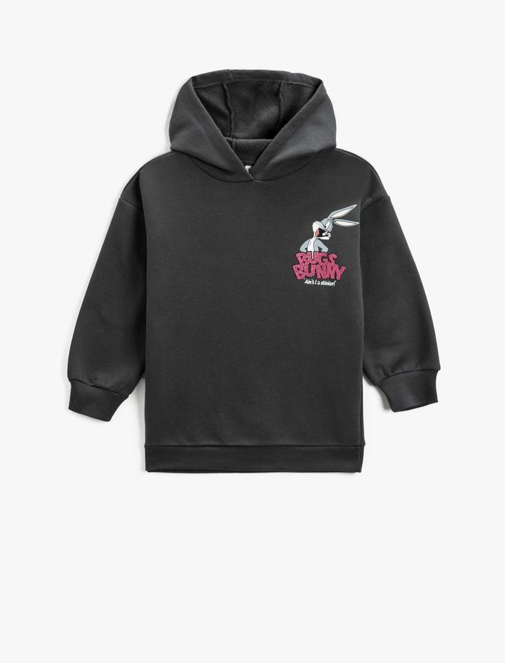 Kız Çocuk Arkası Bugs Bunny ve Lola Bunny Baskılı Kapüşonlu Sweatshirt Şardonlu