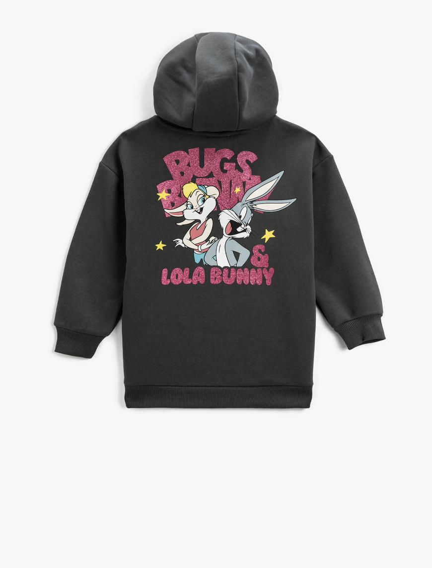  Kız Çocuk Arkası Bugs Bunny ve Lola Bunny Baskılı Kapüşonlu Sweatshirt Şardonlu