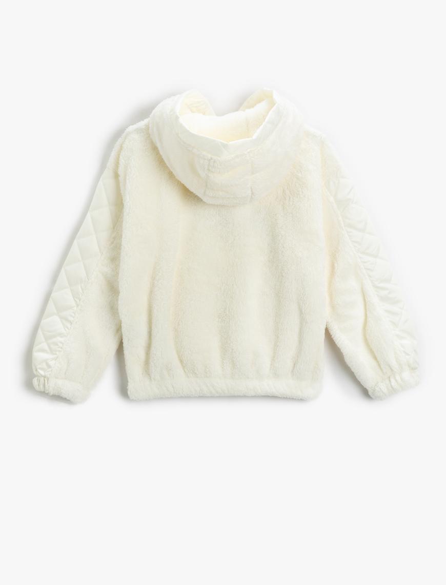  Kız Çocuk Peluş Kapşonlu Sweatshirt Kapitone Detaylı Kanguru Cepli İşlemeli