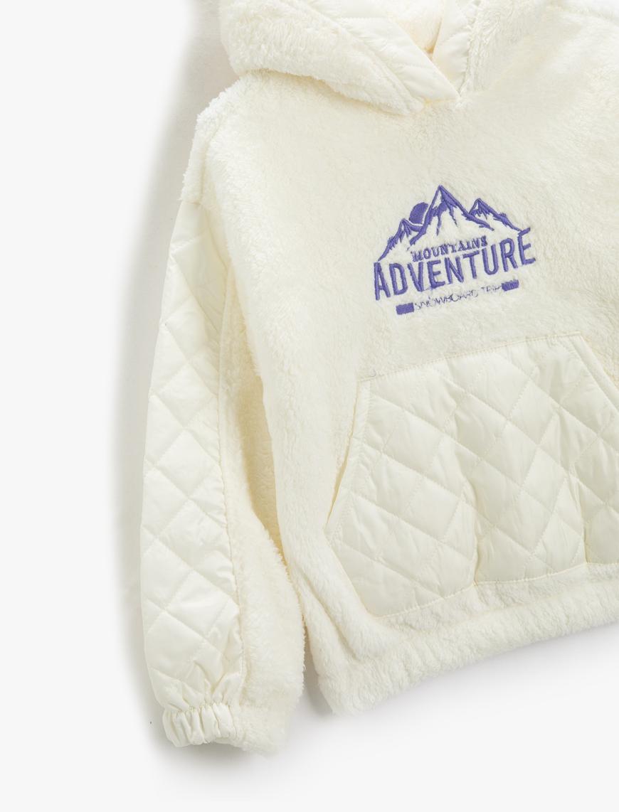  Kız Çocuk Peluş Kapşonlu Sweatshirt Kapitone Detaylı Kanguru Cepli İşlemeli