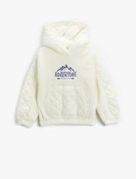 Peluş Kapşonlu Sweatshirt Kapitone Detaylı Kanguru Cepli İşlemeli