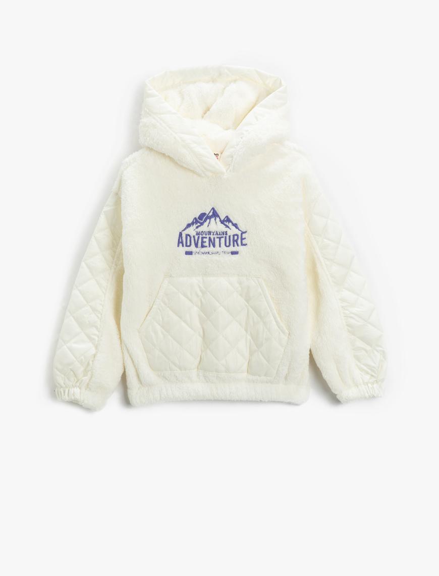  Kız Çocuk Peluş Kapşonlu Sweatshirt Kapitone Detaylı Kanguru Cepli İşlemeli