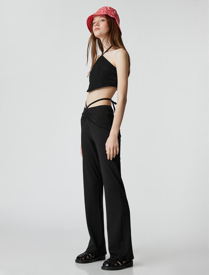  İspanyol Paça Pantolon Beli Biye Detaylı Drapeli