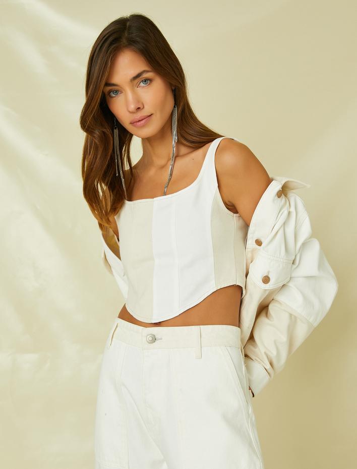  Crop Büstiyer Askılı Nervürlü Asimetrik Kesim