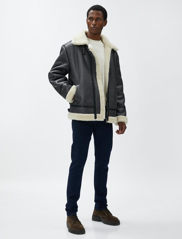  Deri Görünümlü Ceket İçi Peluş Fermuarlı Cepli