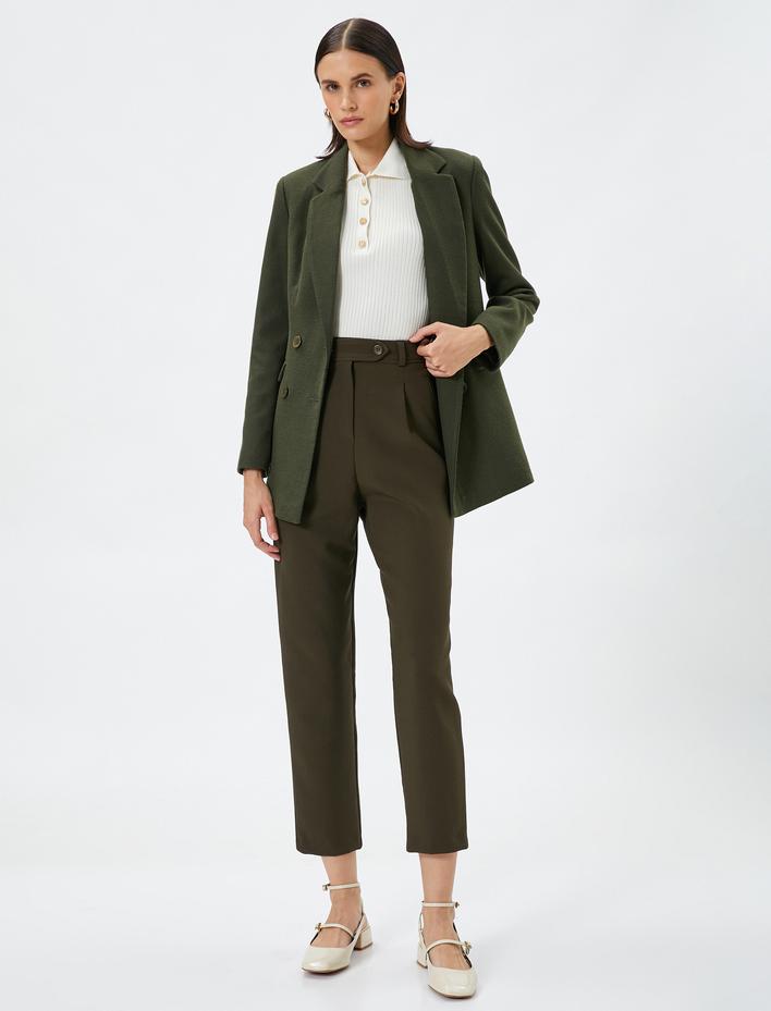  Kumaş Pantolon Yüksek Bel Düğme Detaylı