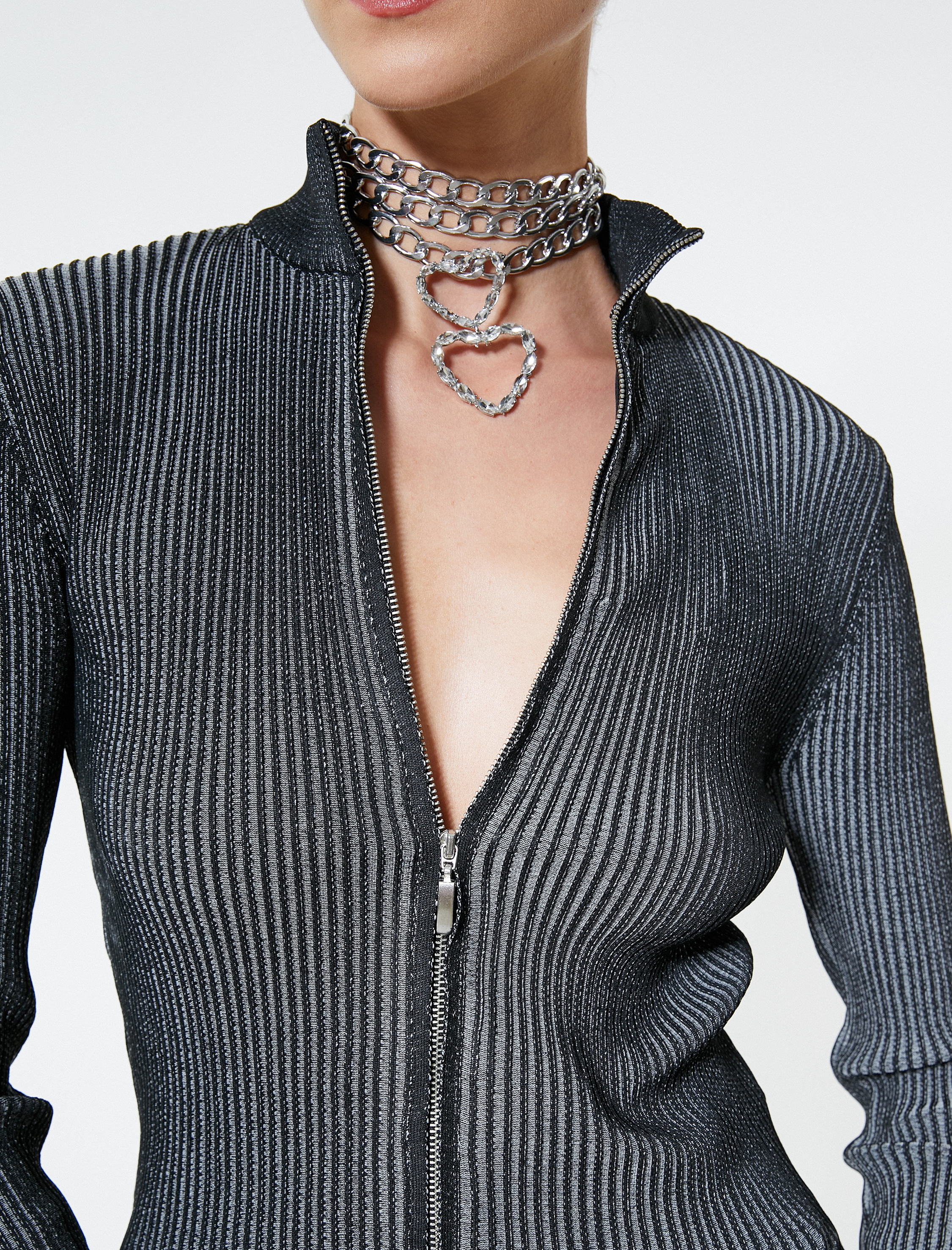 Triko Hırka Fitilli Dik Yaka Soluk Efektli Fermuarlı